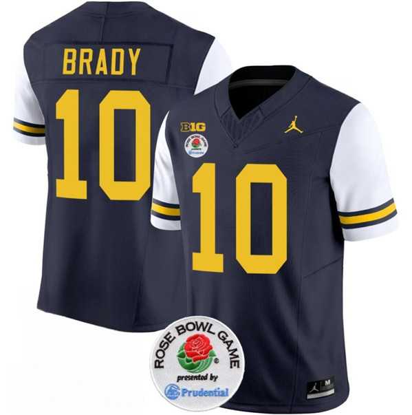 Men%27s Michigan Wolverines #10 Tom Brady 2023 F.U.S.E. Navy White Rose Bowl Patch Stitched Jersey Dzhi